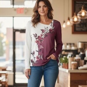 Womens Maroon White & Floral Shirt Asymmetrical Neck Long Sleeve Top Size Small